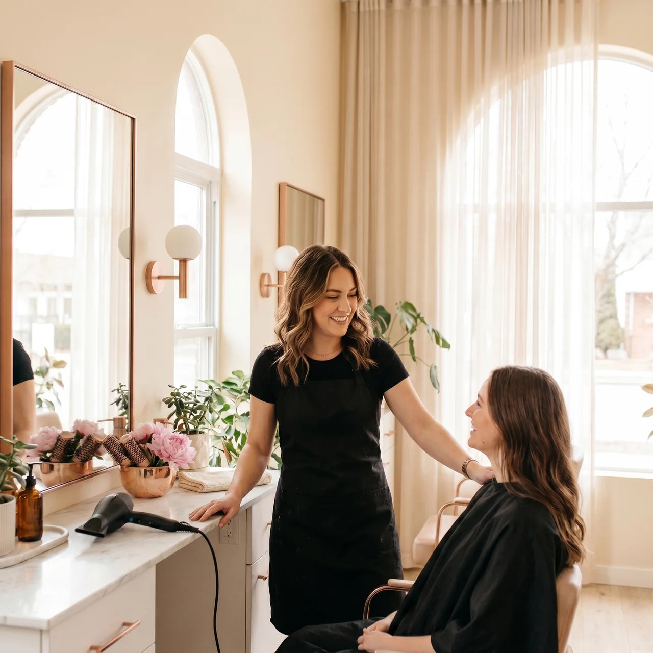 Friseurin im Gespräch mit ihrer Kundin im Salon